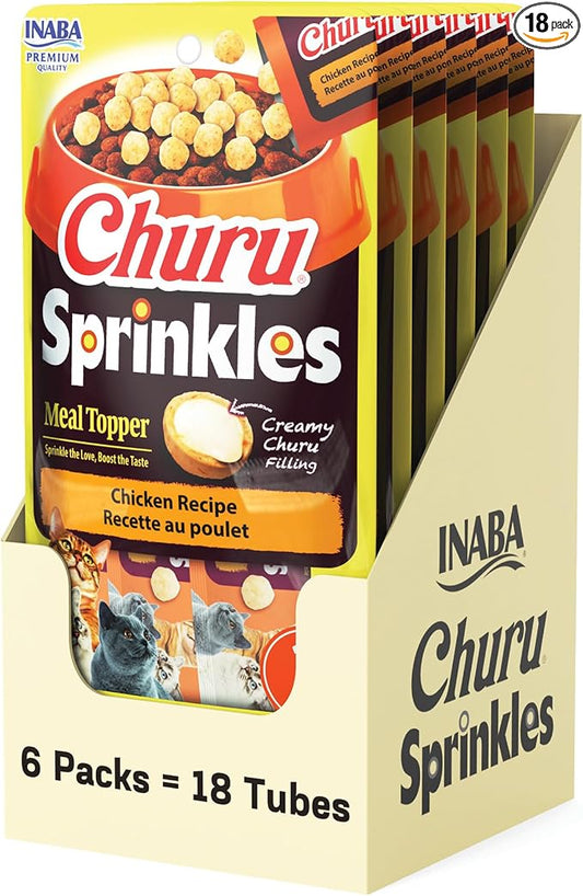 INABA Churu Sprinkles for Cat, Soft & Chewy Churu Filled, Baked Chicken Cat Treat Meal Topper with Vitamin E and Green Tea Extract, 1.05 oz. per Pack, 18 Packs Total, Chicken Recipe