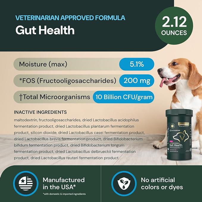 VetriScience Veterinary Strength Gut Health Powder - Gut Health Supplement for Pets - Immunity Support - Pet-Friendly Probiotic Powder - Tasteless & Odorless - 60 Servings