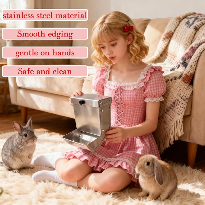 Rabbits Feeder 2 Pcs - Gravity Feeding for Cage Stainless Steel 4Lbs 6.2 Inch, Anti-Corrosion Durable with Sliding Lid for Pet Small Animal Indoor Outdoor Use, Holds Several Days' Food