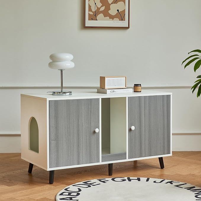 Cat Litter Box Enclosure for 2 Cats, Hideaway Litter Box Furniture with Scratching Pad, Enclosed Litter Box TV Stand Pet Washroom End Table Side Table, Grey