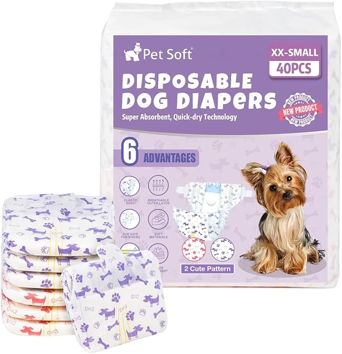 Pet Soft Female Dog Diapers - Disposable Doggie Diapers with Wetness Indicator, Puppy & Cat Diaper Super Absorbent, Fit for Female Dog in Heat or Incontinence, 40pcs (XXS, Mixed)