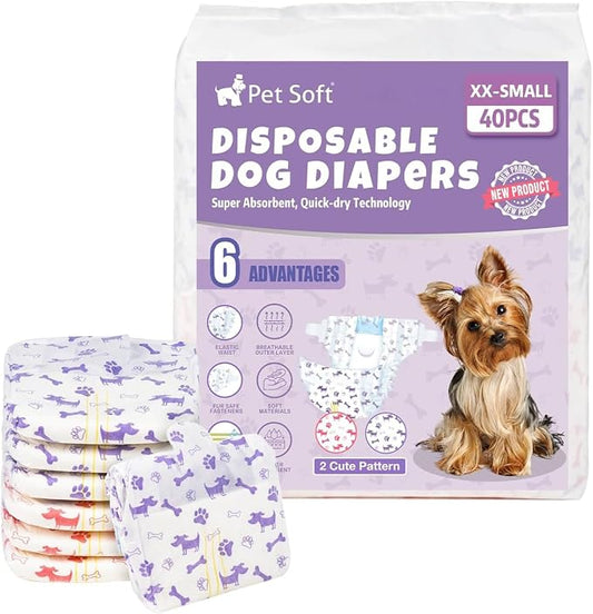 Pet Soft Female Dog Diapers - Disposable Doggie Diapers with Wetness Indicator, Puppy & Cat Diaper Super Absorbent, Fit for Female Dog in Heat or Incontinence, 40pcs (XXS, Mixed)