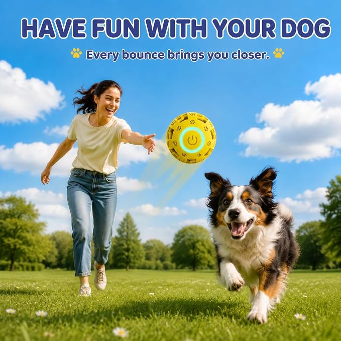 Interactive Dog Toy Ball, Durable Motion Activated Automatic Moving Ball for Small/Medium/Large Dogs, Rechargeable Dog Treat Ball with LED Lights, 2 Play Modes to Keep Your Dog Busy (Yellow)