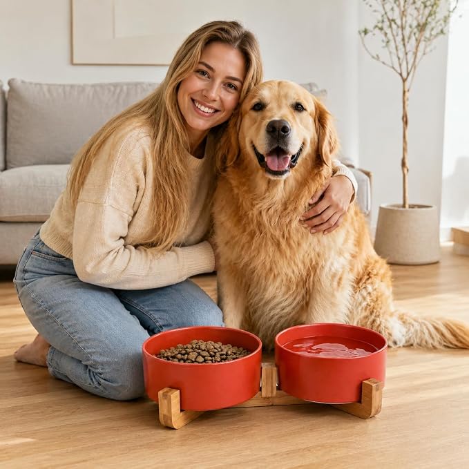 Petygooing Ceramic Cat Dog Bowl Set with Stand,Pet Food and Water Dishes,Medium Dog Bowls Anti -Slip Set of 2 Cat Dish Pet Food Bowls- Small Medium Size Pet (28OZ/6.1 in) Rust Red