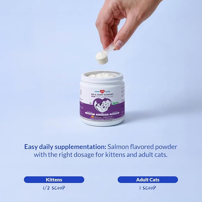 Hip & Joint Powder for Cats - Glucosamine, MSM & Green Lipped Mussel | With Glucosamine, Chondroitin, Green Lipped Mussel, MSM & Vitamin E for joint health & mobility. 4.23oz/120g.