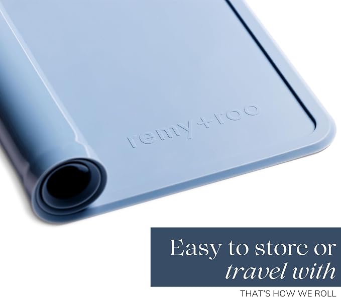 Remy+Roo Dusty Blue Silicone Dog Food Mat for Pet Bowl | 23.6" x 15.7" | 100% Waterproof | Non-Slip | Dishwasher Safe