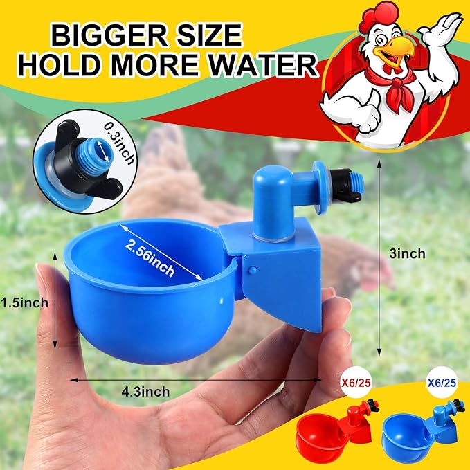 Tanlade 12 Pcs Automatic Chicken Waterer Cups Chicken Feeder for PVC Pipe Waterer Kit for Poultry Duck Goose Turkey Bunny (Red,Blue,Classic)