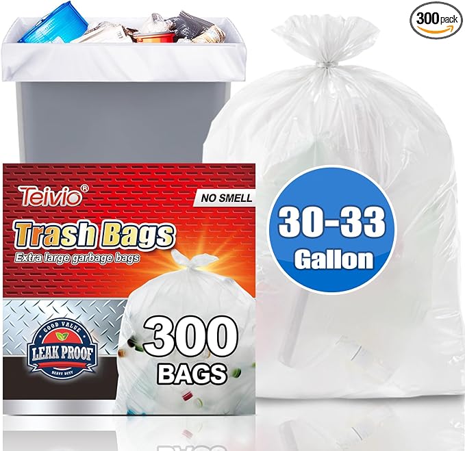 Teivio 30-33 Gallon 300 Counts Large Multipurpose Trash Bags Sturdy Garbage Bags,30 Gal 31 Gal 32Gal 33 Gal 35 Gal,Leaf Bags Outdoor Commercial Trash Can Liner for Construction Sites(Clear)