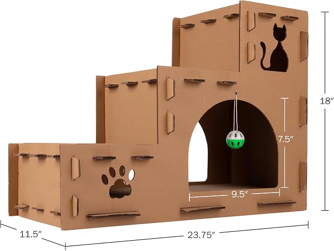 Cat House - Cardboard Cat House with Scratching Pads, Toys, and Catnip - 3-Story Cat Houses for Indoor Cats, Kittens and Small Animals by PETMAKER
