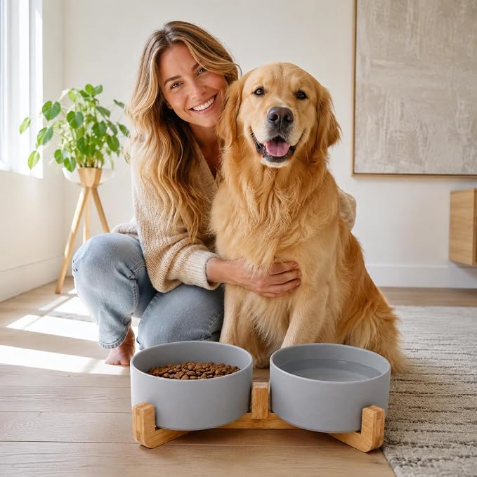 Petygooing Dog Bowls,Grey Ceramic Cat Dog Bowl Set with Wood Stand for Food and Water,Non-Slip Cute Modern Pet Dish Set for Cats and Medium Dogs (28OZ/6.1 in)
