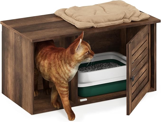 Furinno Peli Farmhouse Hidden Cat Litter Box with Divider, Rustic Brown