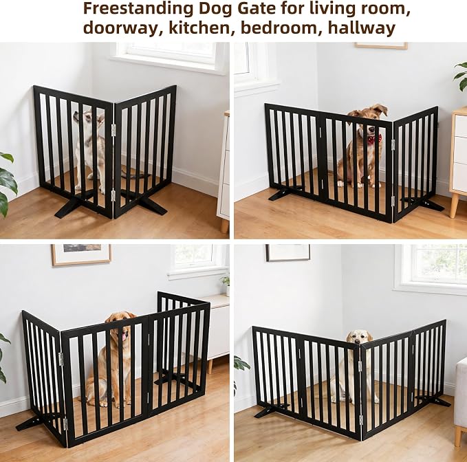 ZJSF Freestanding Indoor Dog Gate for House Foldable Wood Puppy Gate for Doorways Pet Gate for Stairs Extra Wide Pet Fence, Black, 32" Height 2 Panels