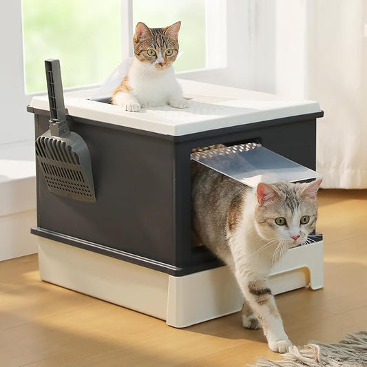 PEQULTI Large Cat Litter Box with Lid, 88L High Capacity Covered Kitty Litter Box, Anti-Leaking Raised Edge Guard, Pull-Out Drawer Design & Foldable Large Scoop, Front & Top Entry, Dark Grey