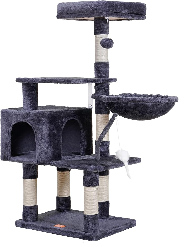 Heybly Cat Tree with Toy, Cat Tower condo for Indoor Cats, Cat House with Padded Plush Perch, Cozy Hammock and Sisal Scratching Posts, Smoky Gray HCT004G
