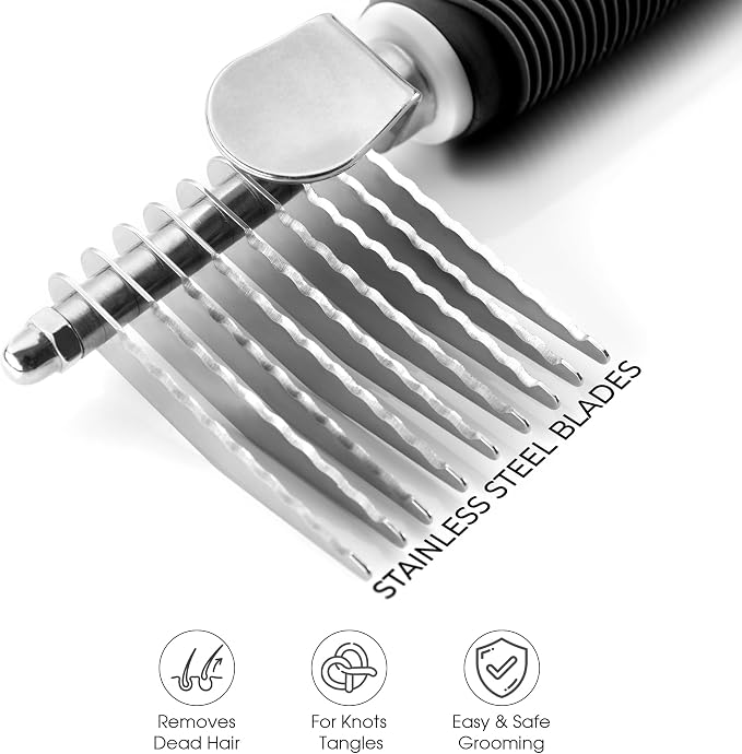 Poodle Pet Bundle - Dematting Fur Rake Comb Brush Tool with Steel Safety Blades for Detangling Matted or Knotted Undercoat Hair and Slicker Brush for Small and Large Dogs Pet Hair Remover