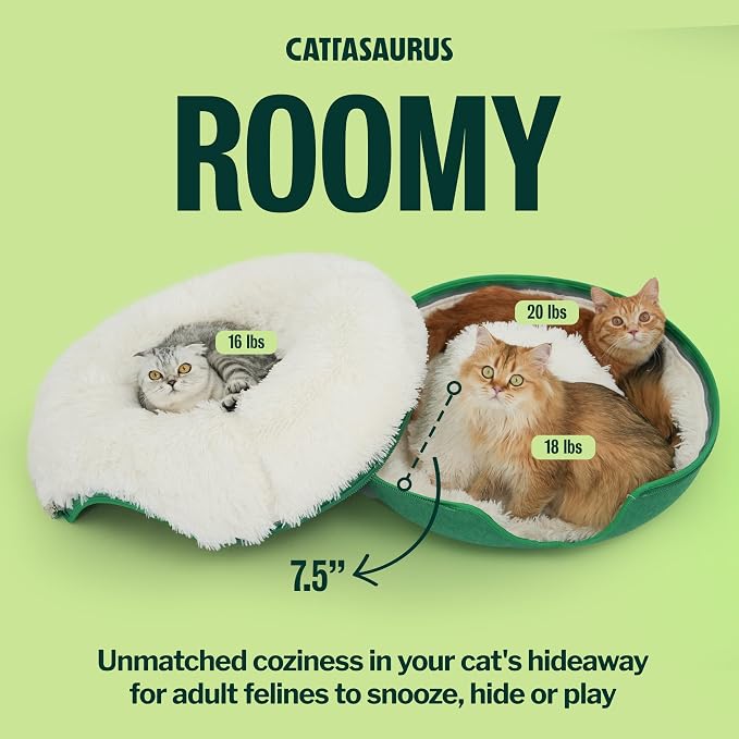 CATTASAURUS Peekaboo Cat Cave for Multiple & Large Cats Up to 30-45 Lbs, Fluffy Cat Beds & Furniture, Scratch Detachable & Washable Tunnel Bed, Comfy Donut Bed (Forest Green, Large (Calming))