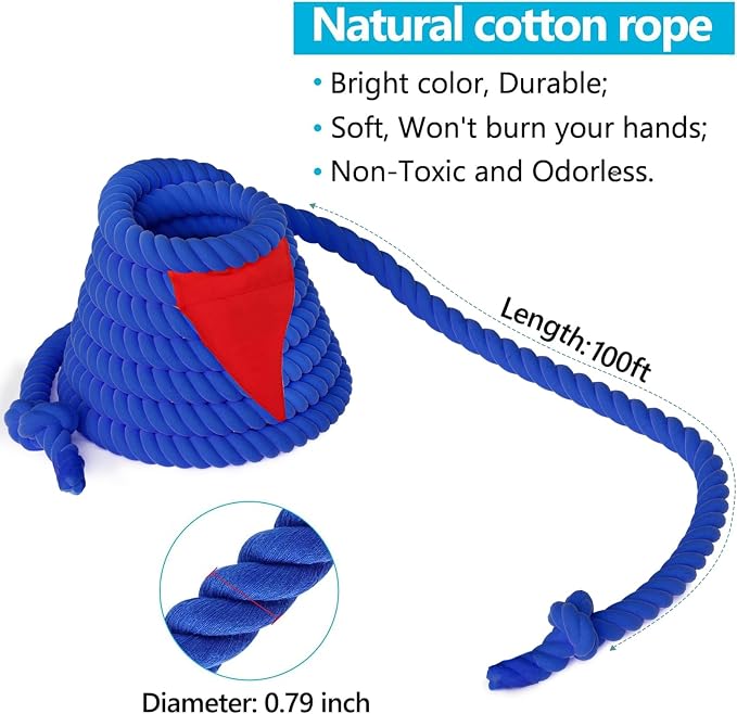X XBEN Tug of a War Rope for Kids and Adult 100FT, Tag o War Ropes with Flag for Outdoor, Outside Carnival, Lawn, Field, Team Building Game, Safety Cord for School and Church, Blue