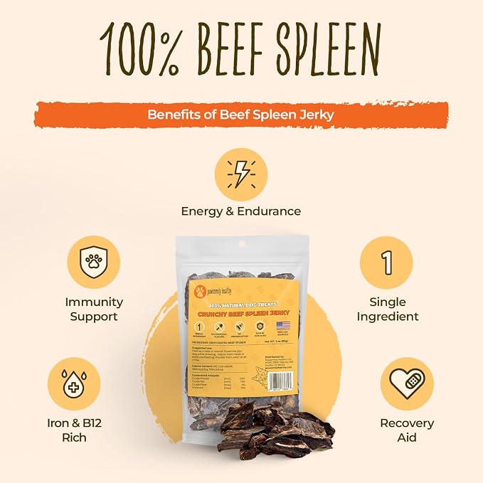 Pawsomely Healthy Beef Spleen Dog Treats – 100% Single Ingredient Air-Dried Jerky – No Fillers or Additives, Grain-Free – Rich in Iron & B12 – Made in USA, 3 oz