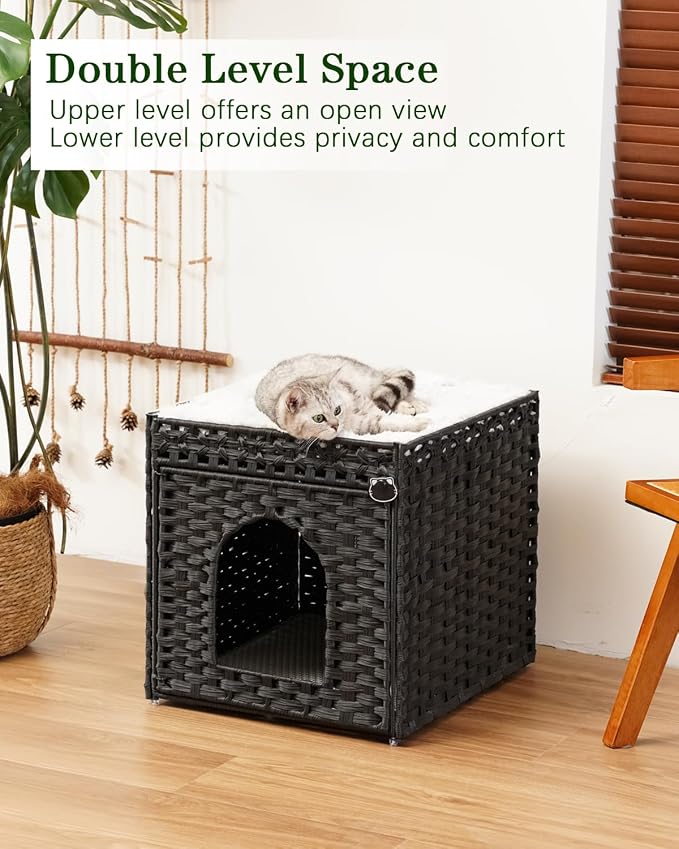 SETVSON Cat Litter Box Enclosure Furniture, Hidden Litter Box with Mat and Fence, Handwoven Rattan Cat House with Two S-Shaped Hooks for Living Room, Bedroom, 18.5 x 20.5 x 19.1 Inches (Black)