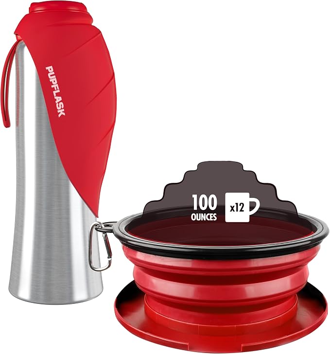 XXL Collapsible Dog Bowl (100oz / 12 Cups) and 40oz Pupflask Portable Water Bottle - Red