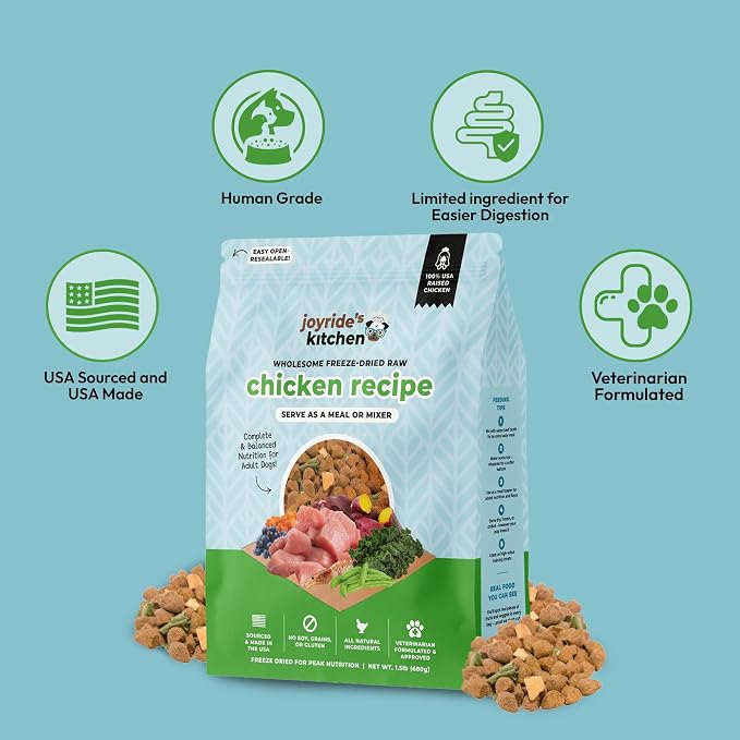 Joyride's Kitchen Freeze-Dried Raw Chicken Dog Food – Grain-Free, All-Natural, High Protein Freeze Dried Meal or Topper, Made in USA – Vet-Formulated, Picky Eater Approved