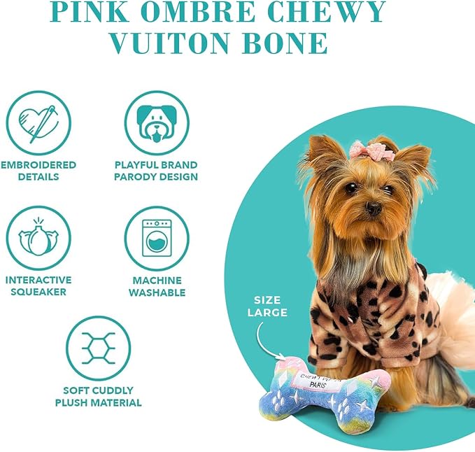 Haute Diggity Dog Chewy Vuiton Bone Plush Squeaky Dog Toy, Soft Durable Designer-Inspired Stuffed Puppy Chew Toys for Small, Medium & Large Dogs, Machine-Washable (Pink Ombre) XL