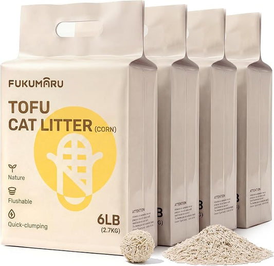 FUKUMARU Tofu Cat Litter - Natural Lightweight Corn Starch Blend Cat Litter Pellets, Dust Free Quick Clumping, Effective Odor Control, Flushable, Low Tracking, 24 LBS (4 Packs)