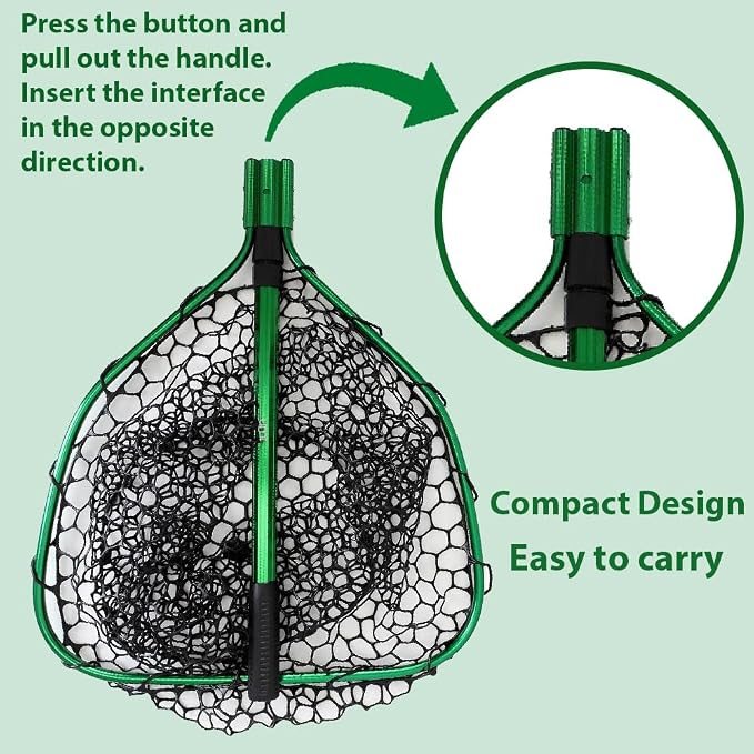 UMT Telescopic Fishing Landing Net (3.6–5 ft) — 17" x 19" Large Hoop, 21" Deep Silicone Rubber Mesh, for Freshwater & Saltwater, Green