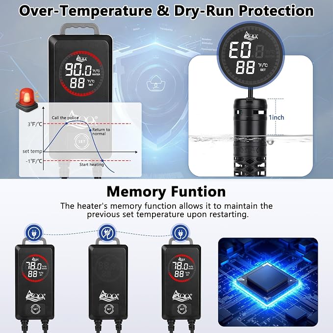 AQQA 800W Aquarium Heater, Fish Tank Heater with Digital Thermostat, Over-Temperature and Dry-Run Protection, for 90-150 Gallon Freshwater, Saltwater, Turtle Betta Fish Tank Aquarium