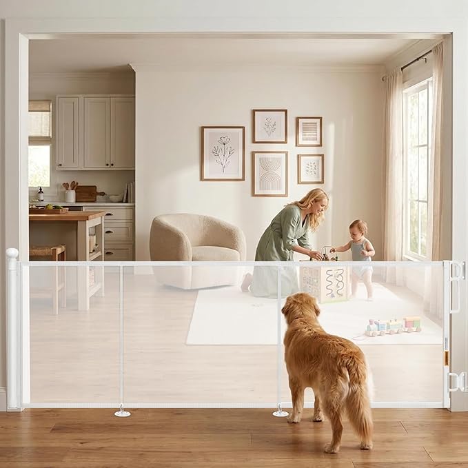 Retractable Baby Gate - 118" Extra Wide Mesh Dog Gate with Support Rods - 34" Tall for Stairs, Doorways, Hallways - Drill or No-Drill - Pet & Cat Gate - Outdoor/Indoor (White, 9.84 ft)