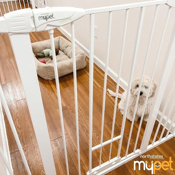MYPET EasyPass Extra Tall & Wide Walk Thru Pet Gate: 29.75” - 52” Wide Dog Gate with Adjustable Pass-Thru Pet Door; Pressure Mounted, No Tools Needed, 41" Tall, White