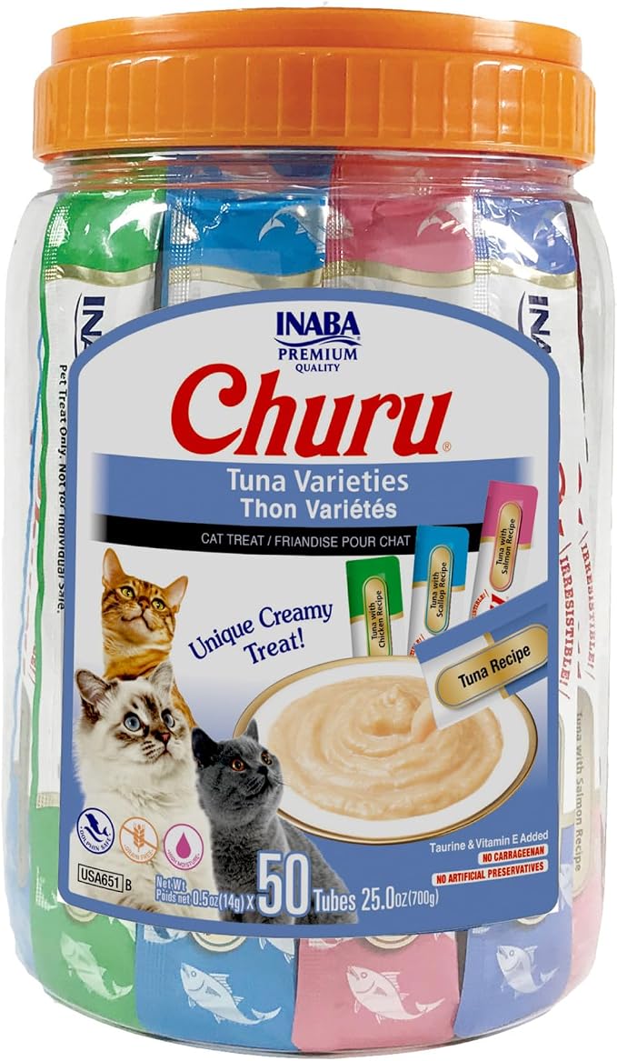 INABA Churu Cat Treats, Lickable, Squeezable Creamy Purée Cat Treat with Green Tea Extract & Taurine, 0.5 Ounces Each Tube, 50 Tubes, Tuna Variety