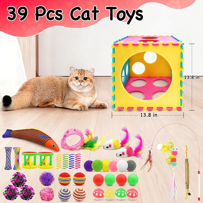 Interactive Cat Toys for Indoor Cats, 39Pcs Kitten Toys with Feather Wand, Catnip Toys, Cat Balls, Springs and Silvervine Sticks for Bored Cats