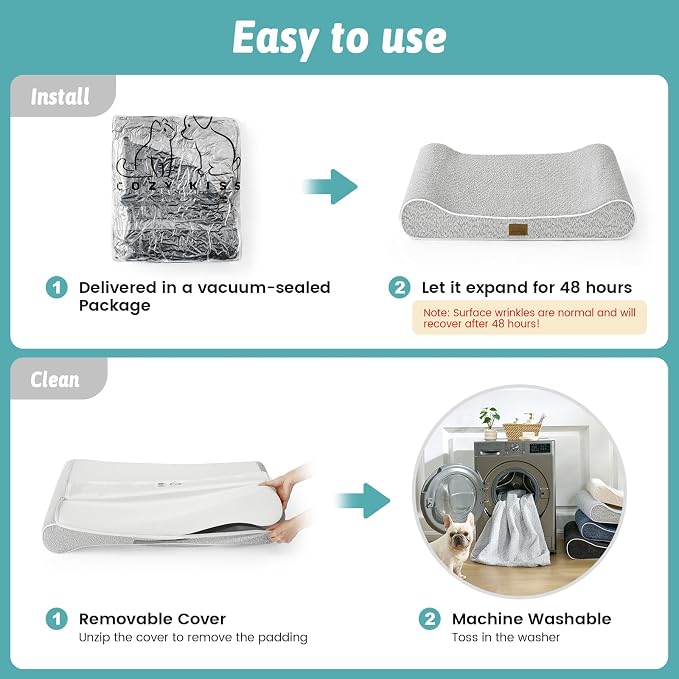 COZY KISS Orthopedic Dog Bed for Large Dogs up to 90 lbs - Removable Cover with Waterproof Lining & Non-Skid Bottom, Cotton-Polyester Blend Boat-Shaped Lounger Mattress, L(45x30x6in), Light Gray