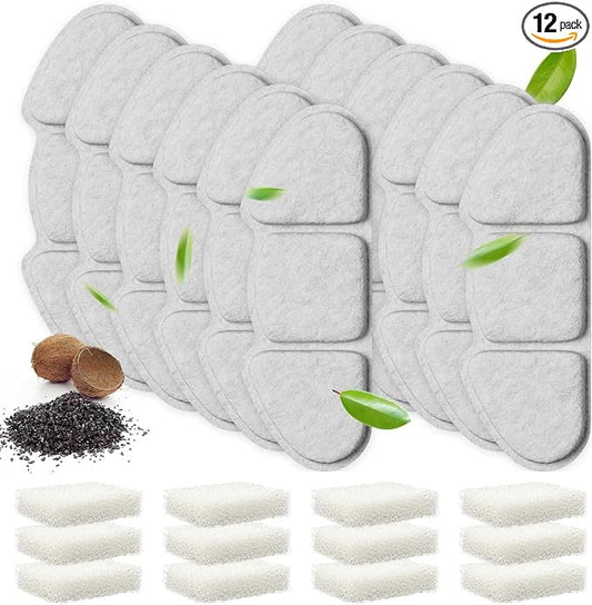 Veehoo 12 Pack Replacement Filters & 12 Pack Pre-Filter Sponges Set for 135oz 304 Stainless Steel Cat Water Fountain, 6 Months Set of Replacement Filters for Cat Fountain