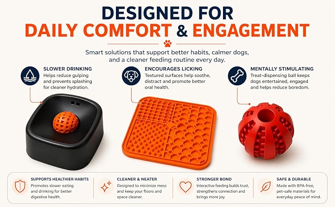 3-in-1 Slow Feeder Dog Bowl Set with Lick Mat, Treat Dispensing Ball, Puzzle Toy Feeder, Non Slip Pet Food Dish, Lick and Roll Feeding Solution, Anxiety Relief, Small Breed Feeding Kit