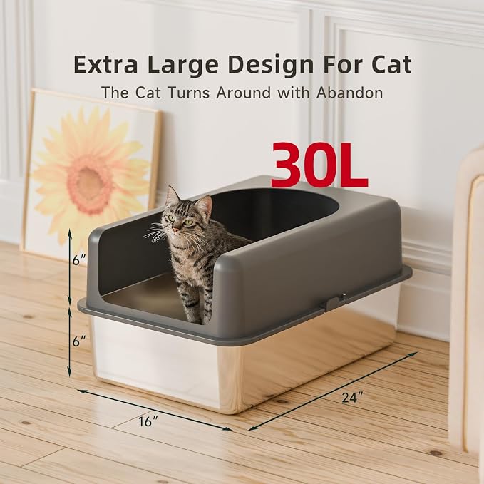 Booche High-Sided Stainless Steel Cat Litter Box,Stainless Steel Litter Box with Lid,Extra Large,Easy-to-Clean Metal Litter Pan for Cats (24''L X 16''W X 12''H with Enclosure)
