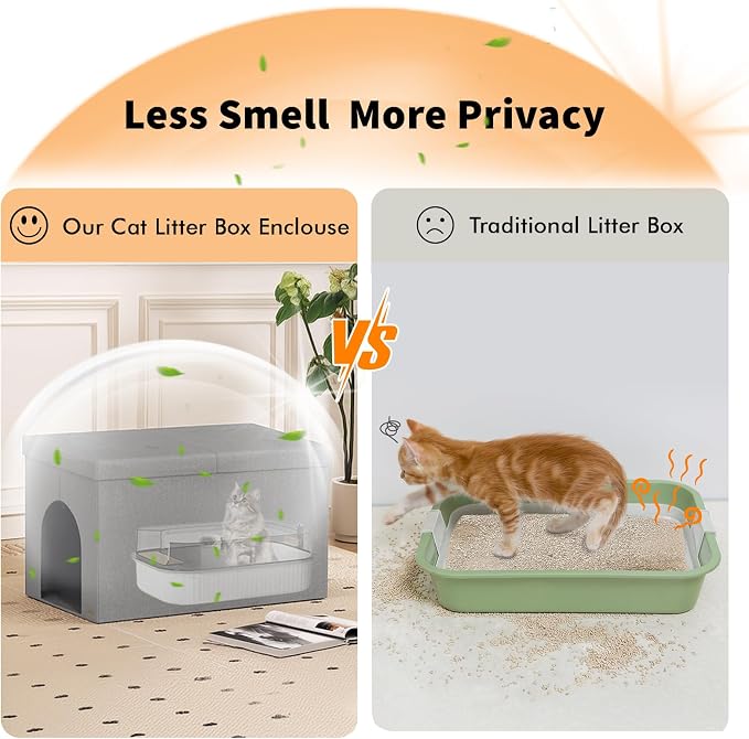Zerbuger Cat Litter Box Enclosure Furniture for Odor Control, Hidden Cabinet Cats Litter Ottoman with Flip-Up Lid,Cat Litter Box Bench with Storage Space, Dog Proof (Light Grey, X-Large)