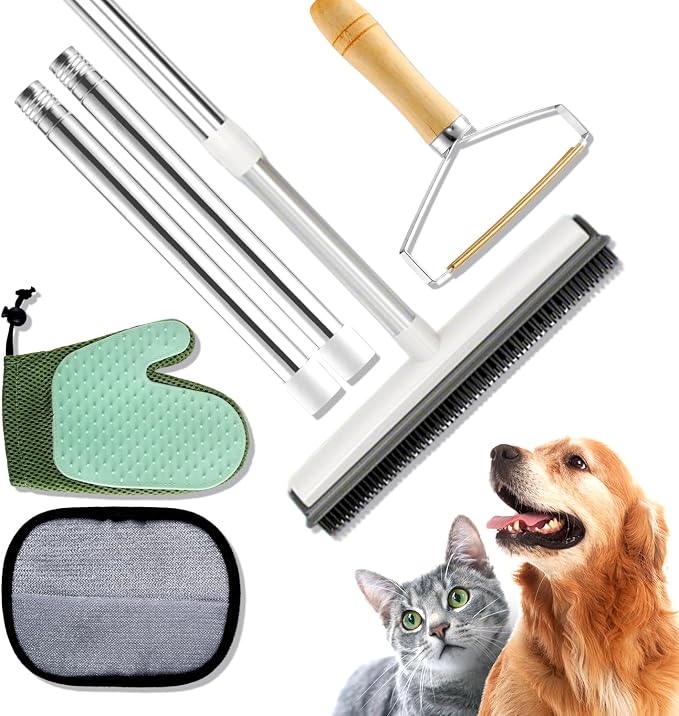 Carpet Rake for Pet Hair Removal, 4 in 1 Reusable Pet Hair Removal Tool Kit, 50'' Adjustable Long Handle Dog & Cat Hair Remover Broom with Handle & 2 Pets Hair Removal Gloves for Carpets, Rugs, Couch