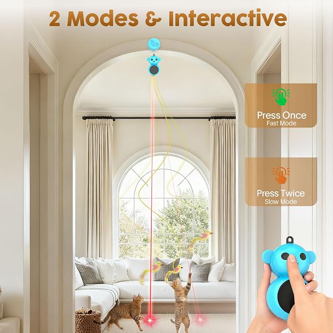 Interactive Cat Toys for Indoor Cats: 2-in-1 Laser Pointer Cat Toy with Automatic Flying Bird & Mouse Wand, Adjustable Speed USB Rechargeable Doorway Hanging Toy for Bored Kittens and Adult Cats