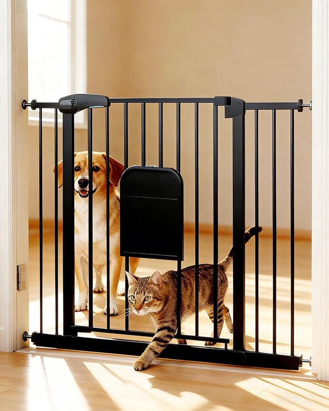 Pet Gate with Adjustable Cat Door, 31–46 Inch Pressure Mounted Dog Gate for Doorways, Stairs and Hallways, Auto Close Walk Through Metal Gate, No Drilling, Black