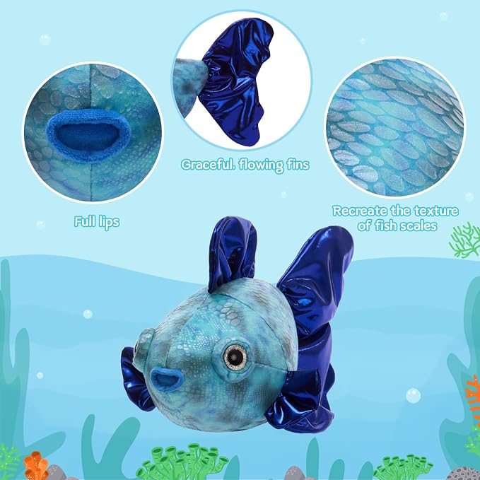 Muiteiur 4-in-1 Fish Family Stuffed Animal Set, 16" Soft Mommy Plush Fish with 3 Small Baby Sea Creatures, Ocean Themed Toys for Kids, Nautical Nursery Decor & Birthday Gift for Boys Girls Ages 3+