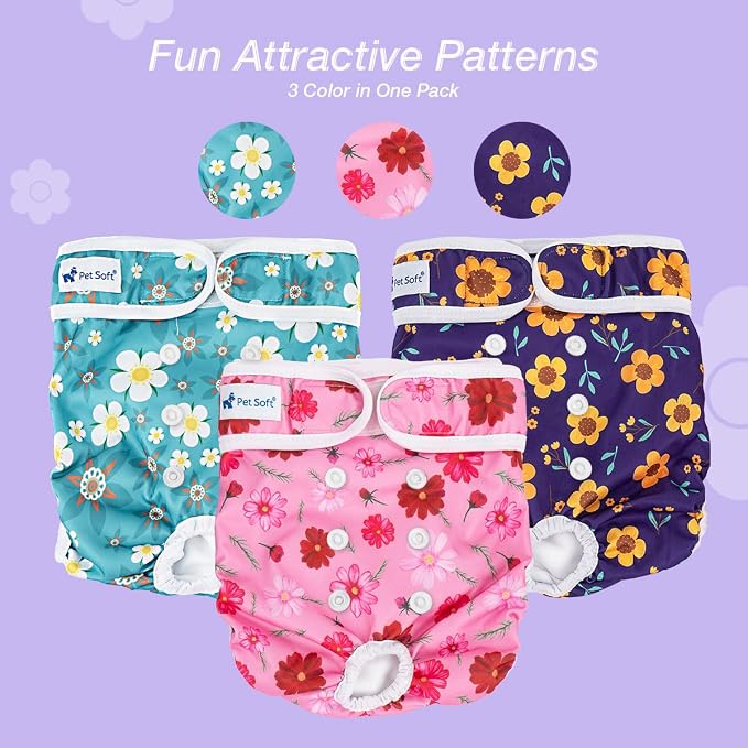Pet Soft Washable Female Diapers (3 Pack) Female Dog Diapers, Comfort Reusable Doggy Diapers for Girl Dog in Period Heat (Cute Flower, S)