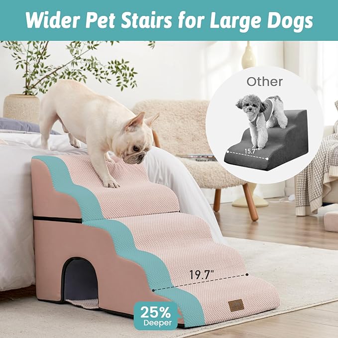 COZY KISS Extra Wide Dog Stairs with Tunnel, Detachable Large Pet Step for Small Medium Dog, Puppy or Cat, Ramp for High Bed, Couch, Sofa or Car, Stable, 19.7x33x22.4 inch, 5 Step, Pink