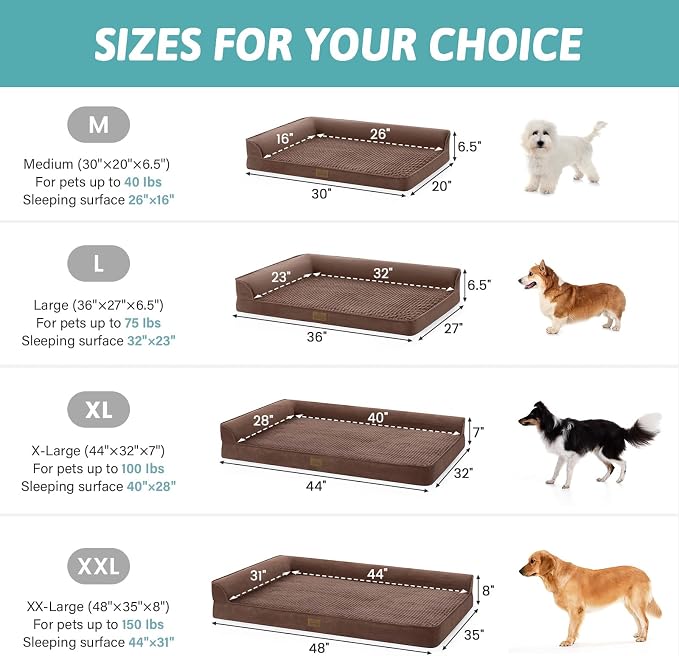 COZY KISS Orthopedic Dog Bed for Extra Large Dog 44x32 inch, XL Pet Sofa, Bolster Foam Bed with Sides, Non-Slip and Egg-Crate Big Dog Couch Bed with Washable Removable Cover, Brown