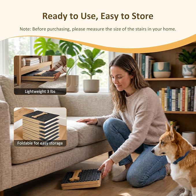 Dog Ramp for Stairs 2 Pack – Foldable Anti-Slip Wooden Pet Steps for Small Dogs, Adjustable Low-Angle Wedge Stair Ramp for Senior, Short-Legged & Injured Pets
