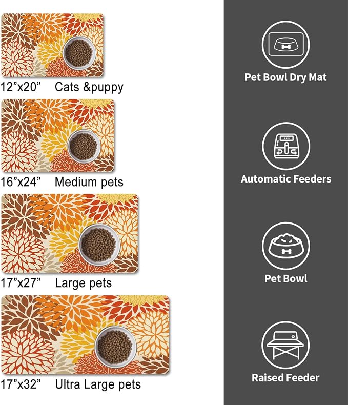 Dog Food Mats for Floors, Absorbent and Quick-Drying Pet Cat Food Mat,Anti-Fouling and Easy-to-Clean Pet Feeding Mat,Dog Bowl Mat for Messy Drinking Water Bowls.16x24, Bohemia Dahlia Floral Style
