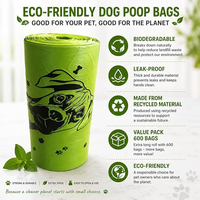 Dog Poop Biodegradable Bags One Biig Roll (600 ct.) Eco-friendly Doggy Poop Bags Pet Waste Pickup Bag Degradable Cat Waste Disposal Bags (1 Roll, 600 Bags)