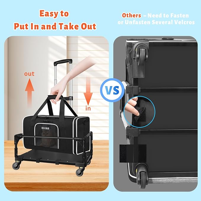 Petskd Small Pet Carrier with Wheels(18" L x 13" W x 9.5" H), Southwest Airlines Approved, Rolling Pet Carrier for Small Dogs & Cats (Black)