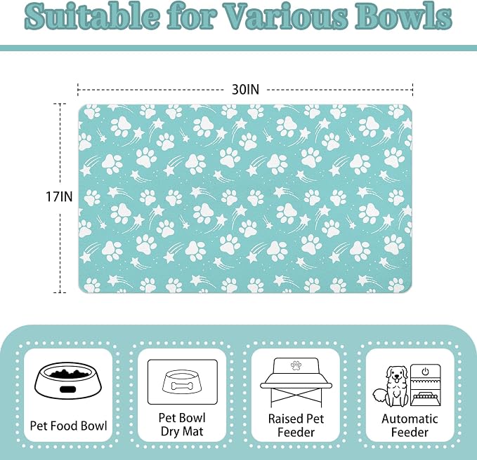 Dog Food Mat 17x30 Inch Pet Feeding Absorbent Mats for Floor Dog Cat Water Bowl Placemat Non-Slip Washable Pet Food and Water Mat